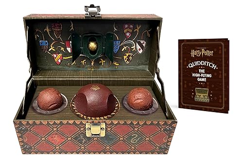 Open wooden chest displaying Quidditch balls and a golden snitch.