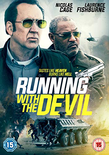 "Running With The Devil" DVD cover featuring Nicolas Cage and Laurence Fishburne with action scene.