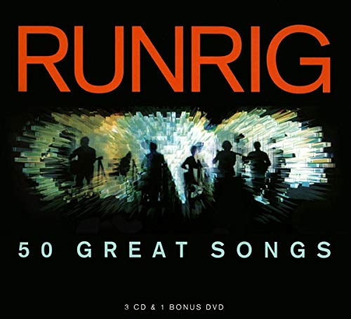 Runrig "50 Great Songs" CD cover with band silhouette and light beams.