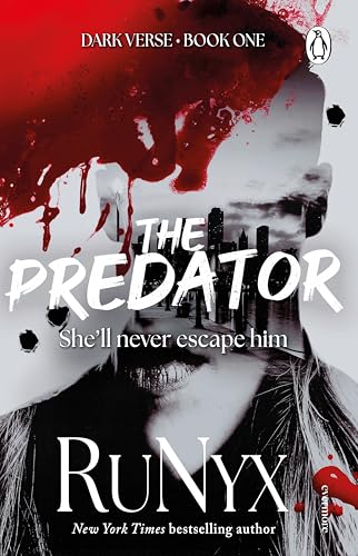Book cover: woman’s face obscured, city skyline, blood splatter, title “The Predator”.