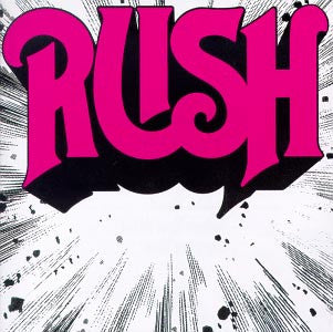 Rush album cover: pink comic-book style lettering on white background.