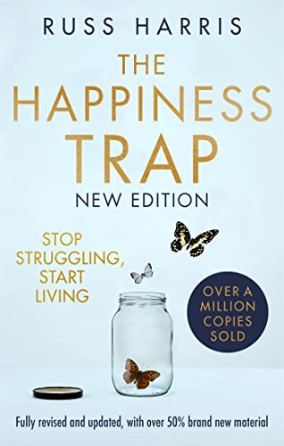 Book cover: "The Happiness Trap" with butterflies and a jar illustration.