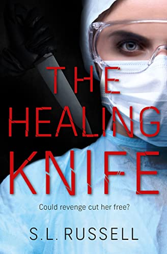 Book cover featuring a woman in surgical mask and a large knife.