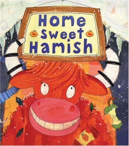 Red cartoon cow with a sign reading “Home Sweet Hamish.”