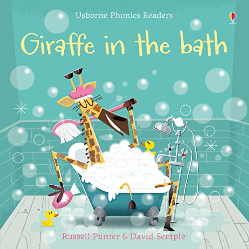Giraffe with rubber ducks in a bubbly bathtub, children’s book cover.