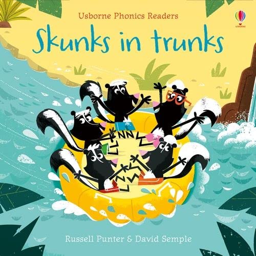 Five cartoon skunks in swimsuits ride a yellow inner tube down a river.