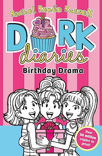 Book cover for Dork Diaries: Birthday Drama featuring three illustrated girls holding a gift.