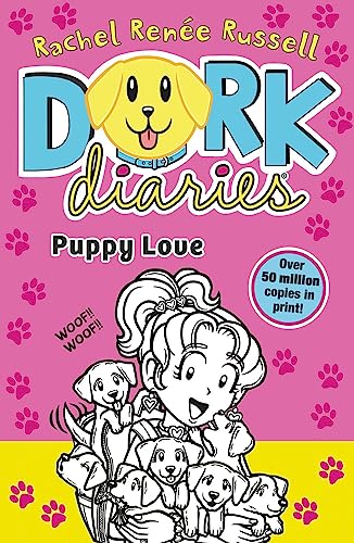 Book cover for Dork Diaries: Puppy Love featuring a girl surrounded by many puppies.