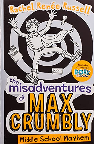 Book cover: boy falling with school supplies, title "The Misadventures of Max Crumbly.