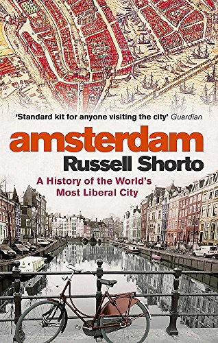 Book cover showing an antique map, a canal scene, and a bicycle in Amsterdam.
