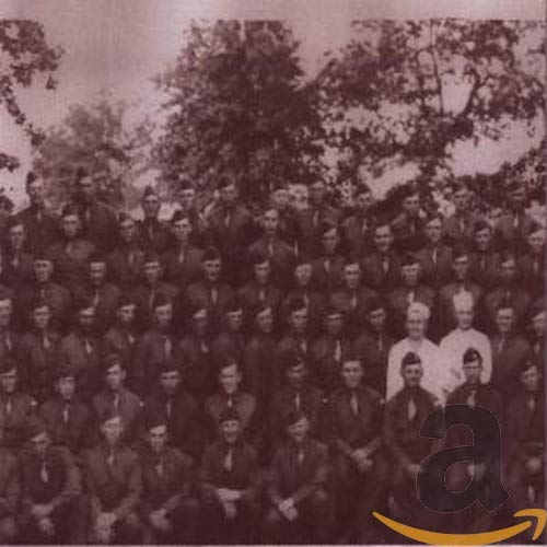Sepia-toned photo of a large group in suits, with a stylized "a".