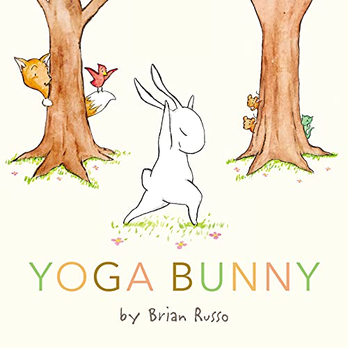 White bunny in a yoga pose with forest animals, illustrated style.