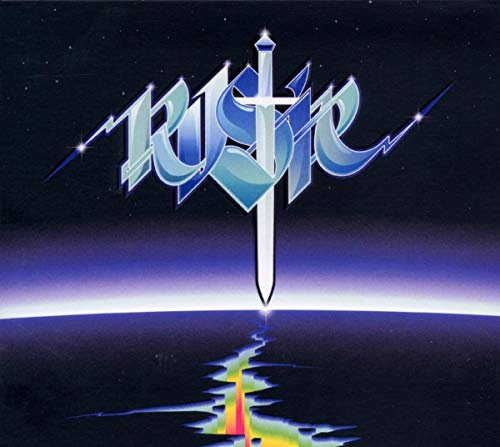 Rustie logo with a sword above a glowing horizon against a starry space background.