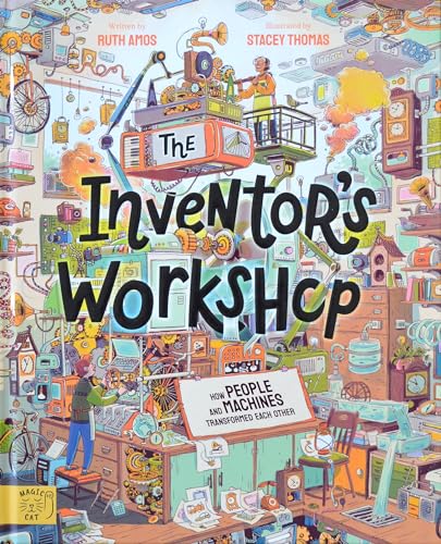 Book cover depicting a busy inventor’s workshop with people and machines.