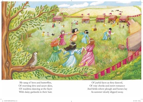 Illustration of people dancing in a field with a mistle thrush.