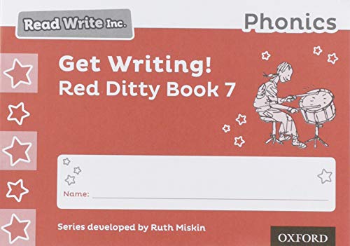 Red "Get Writing!" phonics book cover with a child drumming.