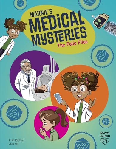 Book cover: cartoon children, doctor, and medical imagery related to polio.