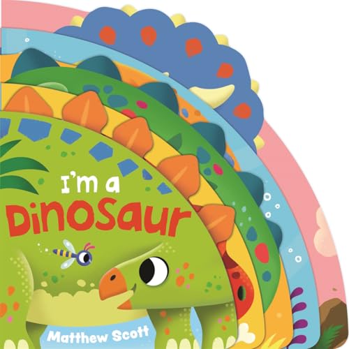 Shaped board book cover featuring a green dinosaur and colorful patterns.