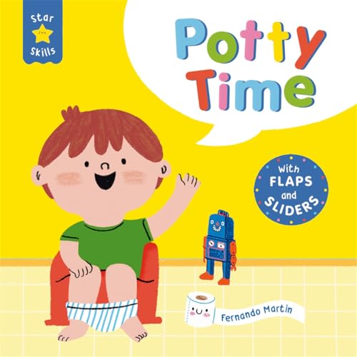 Child on potty with robot and toilet paper, lift-the-flap book.