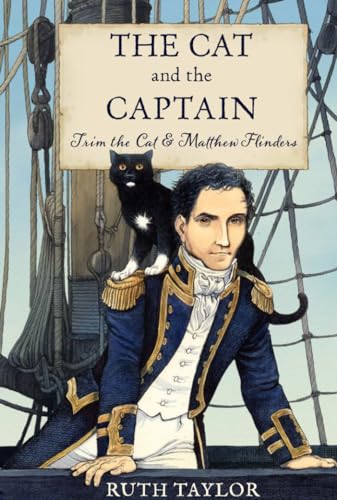 Book cover: black cat with a man in a naval uniform, ship rigging.