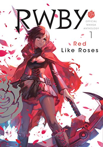 Ruby Rose from RWBY stands with her scythe amidst floating red rose petals.