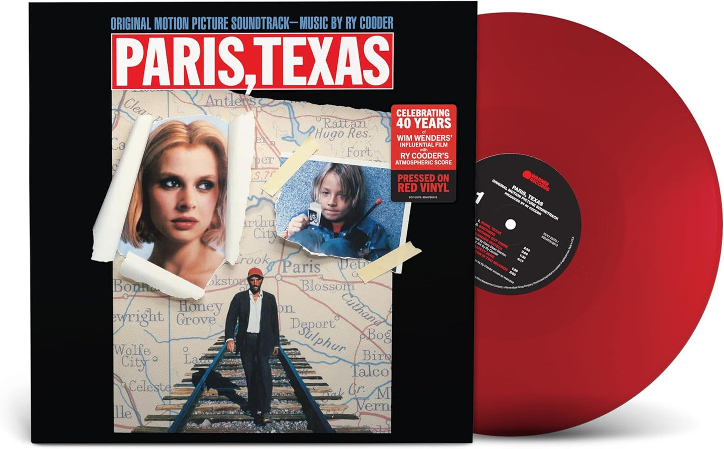 Paris, Texas" soundtrack vinyl record with red vinyl disc and cover art.