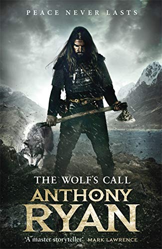 A long-haired warrior holding an axe stands with a wolf in a snowy landscape.