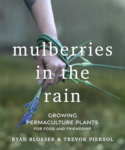 Book cover with a hand holding mulberries and blue flowers in rain.