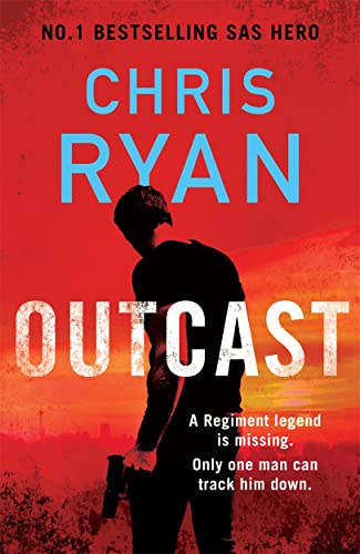 Book cover: silhouetted figure with gun, red and blue text, "OUTCAST".
