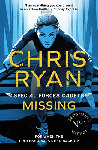 Book cover featuring a determined young person running down stairs in blue tones.