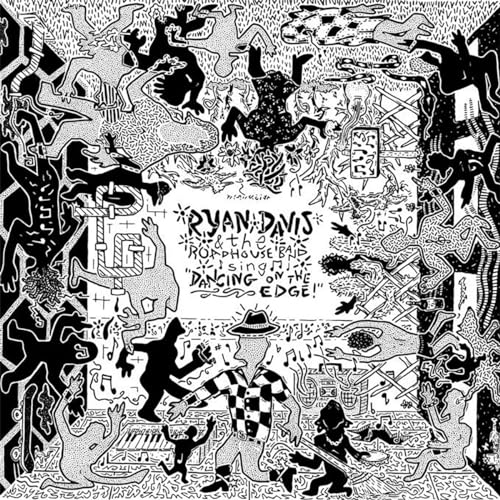 Black and white line art illustration of dancing figures with band and album text.