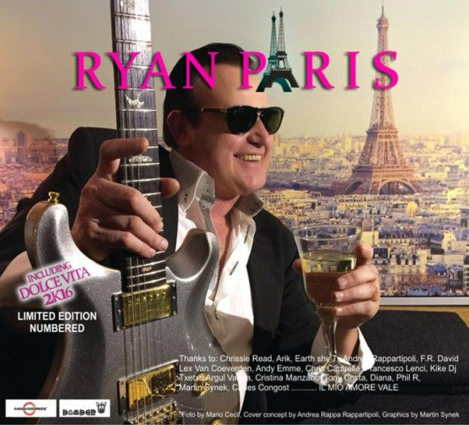 Ryan Paris CD cover with artist holding guitar and wine glass.