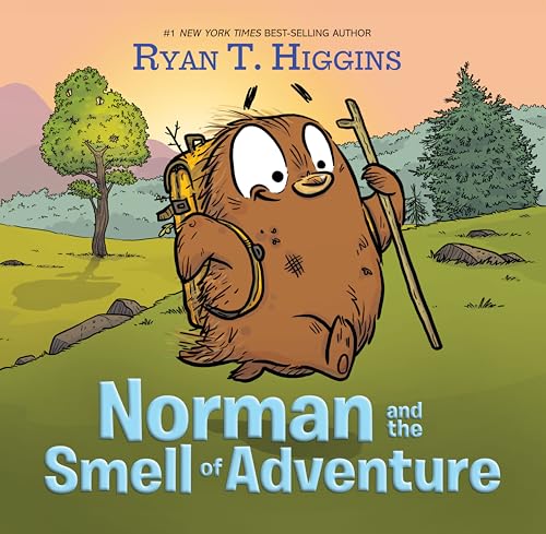 Cartoon bird Norman with backpack and walking stick in a green landscape.