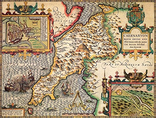 Antique 1610 map of Caernarvonshire featuring inset town plans, decorative cartouches, and nautical illustrations.