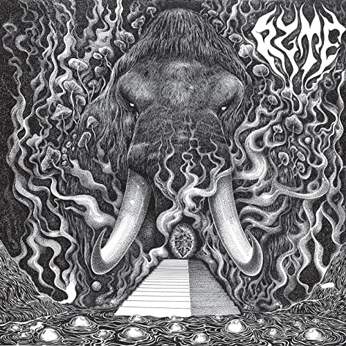 Black and white album cover featuring a mammoth with swirling designs.