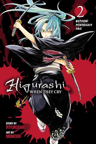 Manga cover: blue-haired woman with swords against a red, splattered background.