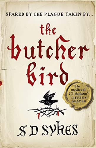 Book cover: “The Butcher Bird” with a black bird on thorny branches.