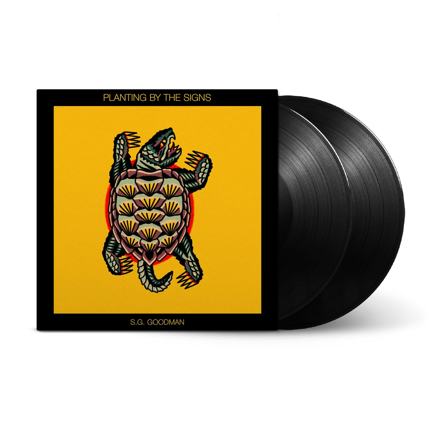 Vinyl record with yellow cover featuring a detailed turtle illustration.