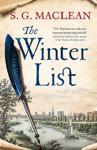 Book cover: “The Winter List” with quill, city scene, and aged paper.