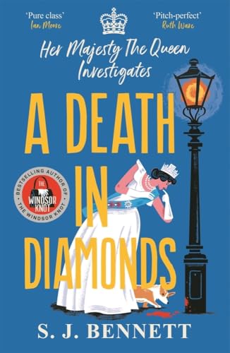 Book cover featuring a queen in a white gown and a corgi by a lamppost.