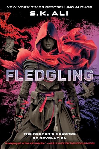 Book cover: hooded figure with red fabric, title “Fledgling” in large letters.