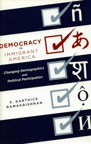Book cover: “Democracy in Immigrant America” with checkmark graphics and diverse scripts.