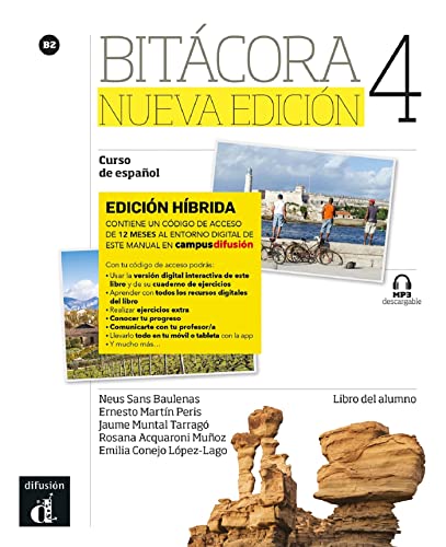 Spanish textbook "Bitácora 4" with a coastal scene and MP3 download icon.