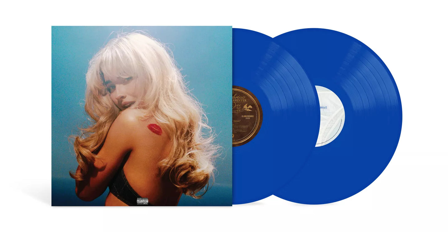 Sabrina Carpenter album cover and two blue vinyl records.