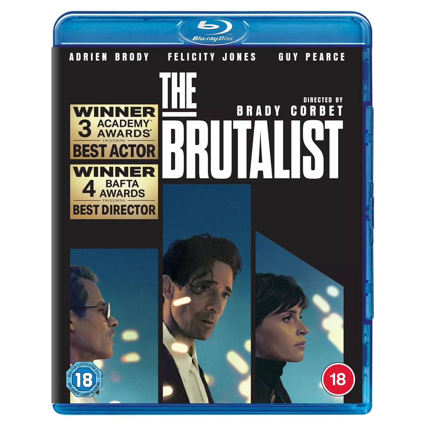 Blu-ray cover for The Brutalist featuring portraits of Adrien Brody, Felicity Jones, and Guy Pearce.