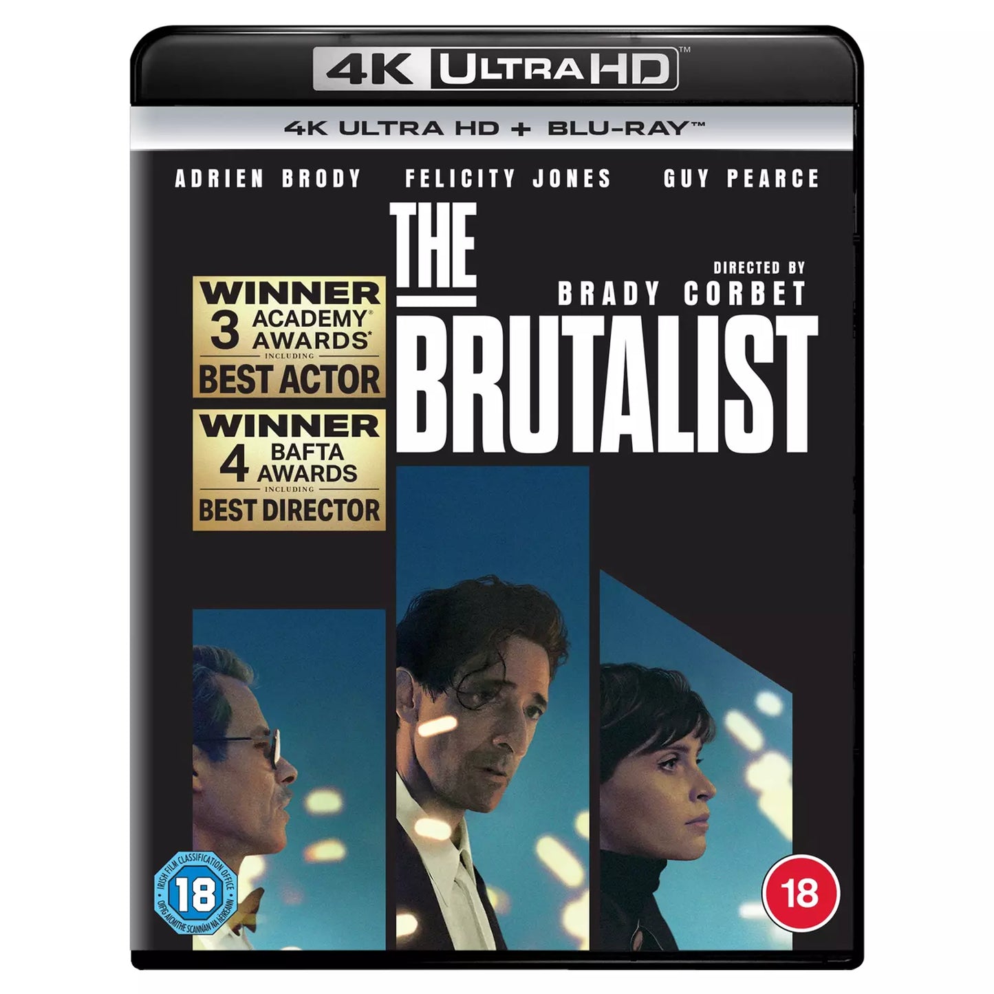 Front cover of The Brutalist Blu-ray featuring bold, minimalist typography on a textured background.