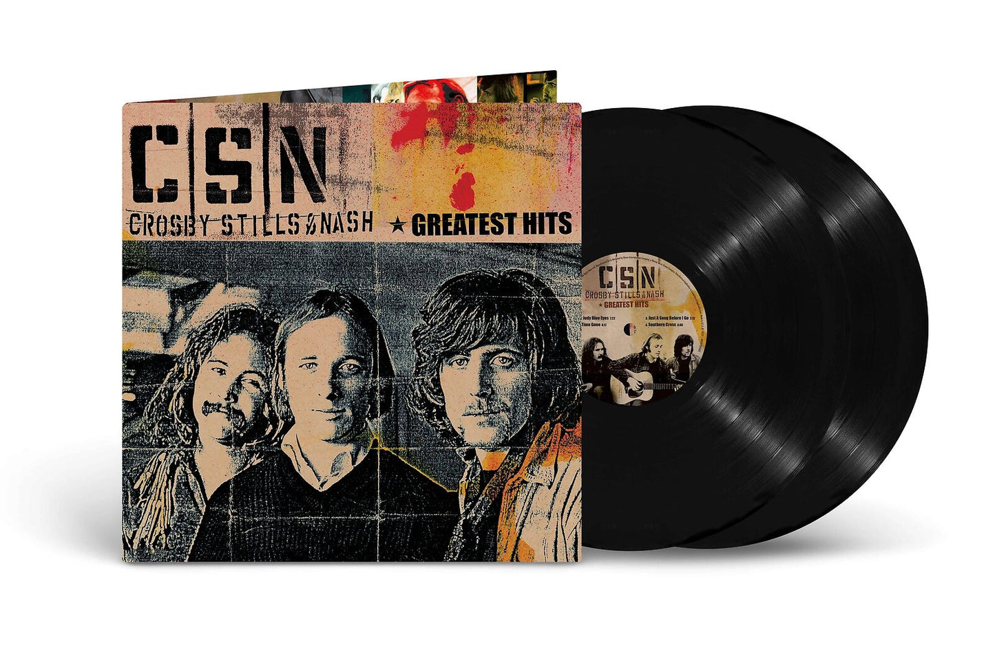 "Crosby, Stills & Nash Greatest Hits vinyl record with cover art featuring the band members."