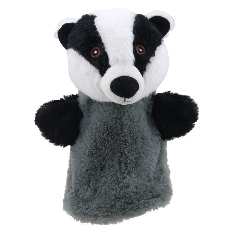 Black and white badger hand puppet with grey sleeve.