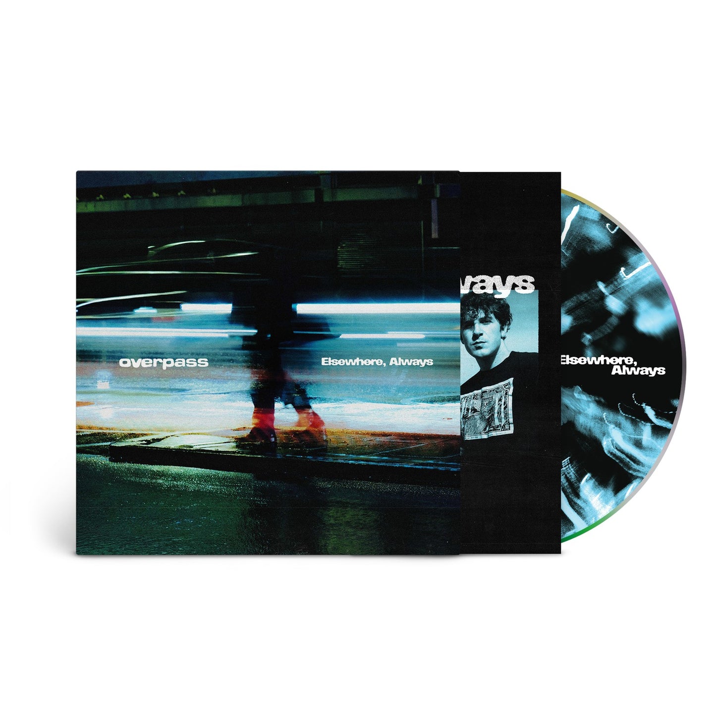 CD case for Overpass’ “Elsewhere, Always” featuring a man in a hallway.