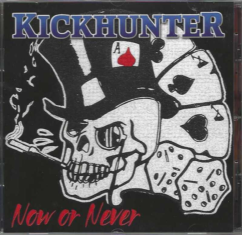 CD case for "Kickhunter - Now Or Never" featuring a skull and cards.